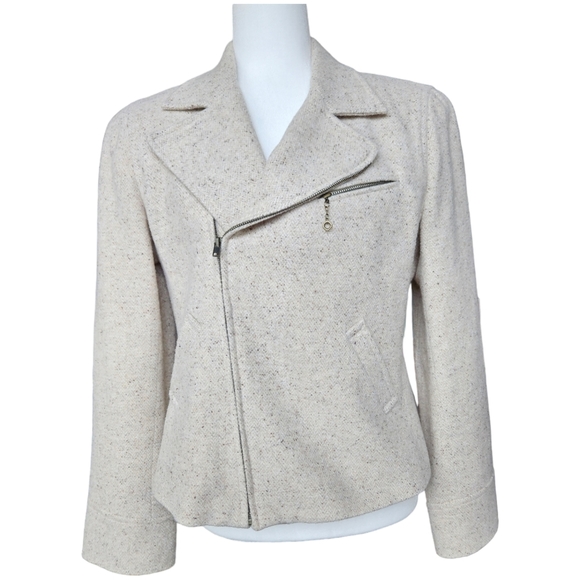 Sevil Jackets & Blazers - Sevil asymmetrical woolen oatmeal bomber jacket blazer fully lined size 10
